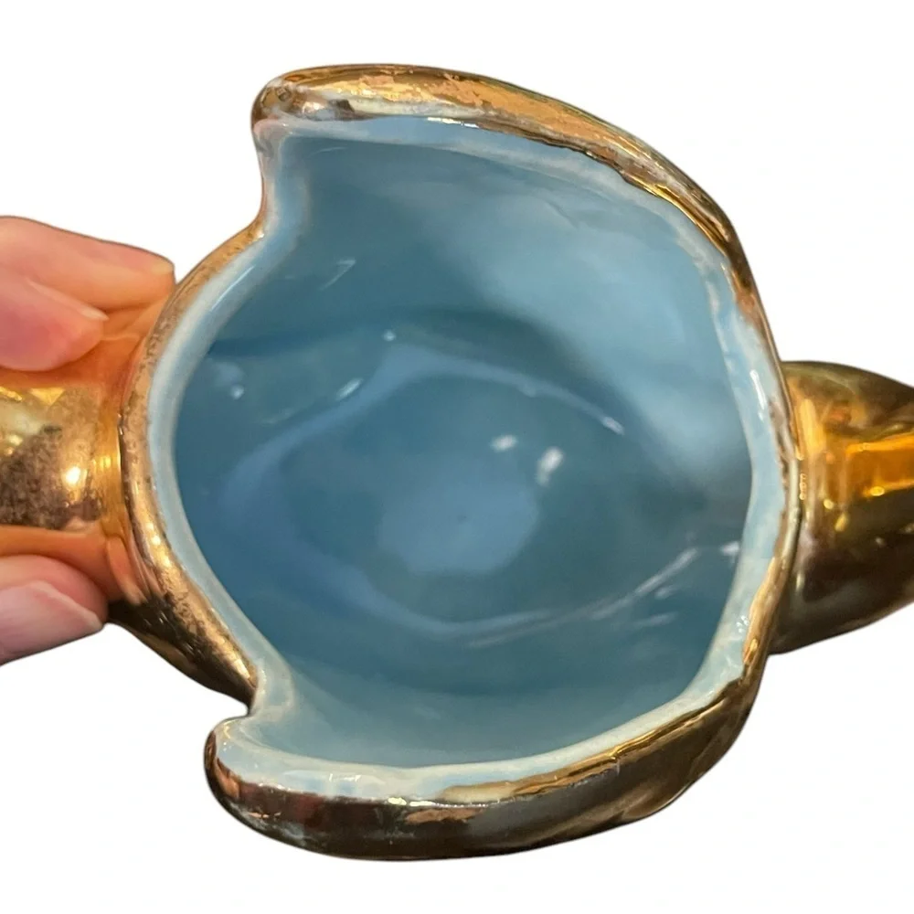 1950s Vintage Gold & Aqua Swan Jewelry Holder Planter Vase MCM Retro
